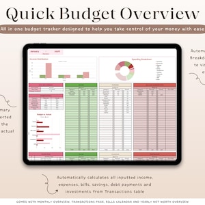 Puede incluir: Una pantalla de tableta que muestra un rastreador de presupuesto digital. La interfaz incluye gr&aacute;ficos y tablas para el seguimiento de ingresos, gastos y ahorros. El t&iacute;tulo en la parte superior dice "Quick Budget Overview".