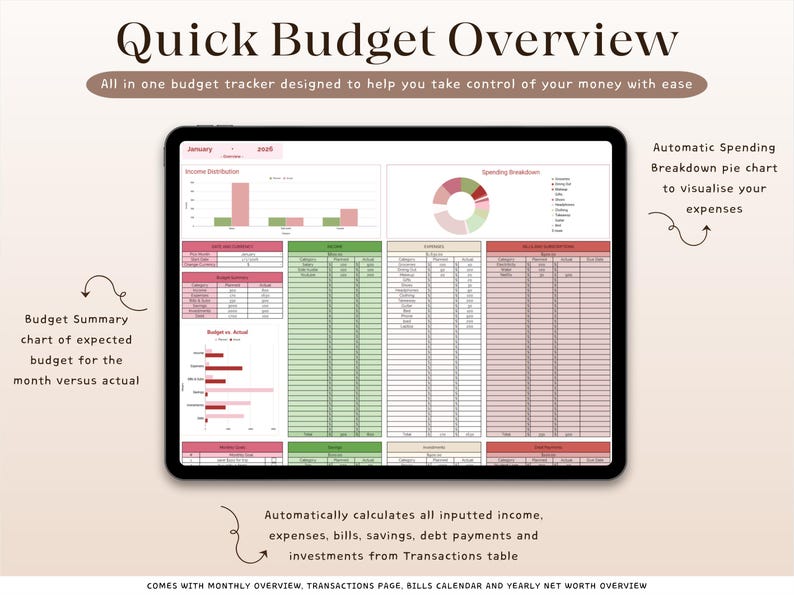 Puede incluir: Una pantalla de tableta que muestra un rastreador de presupuesto digital. La interfaz incluye gr&aacute;ficos y tablas para el seguimiento de ingresos, gastos y ahorros. El t&iacute;tulo en la parte superior dice "Quick Budget Overview".