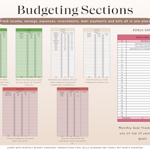 Puede incluir: Una plantilla de planificaci&oacute;n financiera titulada "Budgeting Sections". Incluye secciones para el seguimiento de ingresos, ahorros, gastos e inversiones. Tambi&eacute;n se incluye una secci&oacute;n de regalo de bonificaci&oacute;n para los objetivos mensuales. La plantilla tambi&eacute;n incluye un rastreador de objetivos mensuales.