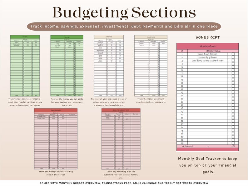 Puede incluir: Una plantilla de planificaci&oacute;n financiera titulada "Budgeting Sections". Incluye secciones para el seguimiento de ingresos, ahorros, gastos e inversiones. Tambi&eacute;n se incluye una secci&oacute;n de regalo de bonificaci&oacute;n para los objetivos mensuales. La plantilla tambi&eacute;n incluye un rastreador de objetivos mensuales.