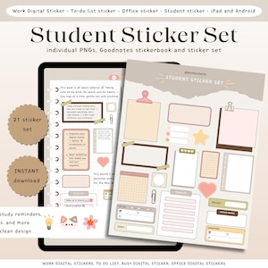 May include: A digital student sticker set with a clean design. The set includes individual PNGs, Goodnotes stickerbook, and a variety of stickers for subject labels, study reminders, and sticky notes. The image shows a tablet and a paper with the stickers.