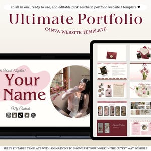 May include: A laptop and tablet display a pink aesthetic portfolio website template. The laptop screen shows "Your Name" and social media icons. The tablet displays various website page designs. Text includes "Ultimate Portfolio" and "CANVA WEBSITE TEMPLATE".