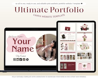 Pink Portfolio Canva Website Template for Content Creators, UGC, Freelancer, Social Media, Media Kit, Landing Page, Virtual Assistant
