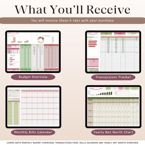 Puede incluir: La imagen muestra cuatro tabletas digitales que muestran hojas de c&aacute;lculo financieras. Las tabletas est&aacute;n etiquetadas como "Budget Overview", "Transactions Tracker", "Monthly Bills Calendar" y "Yearly Net Worth Chart". El texto en la parte superior dice "What You'll Receive".
