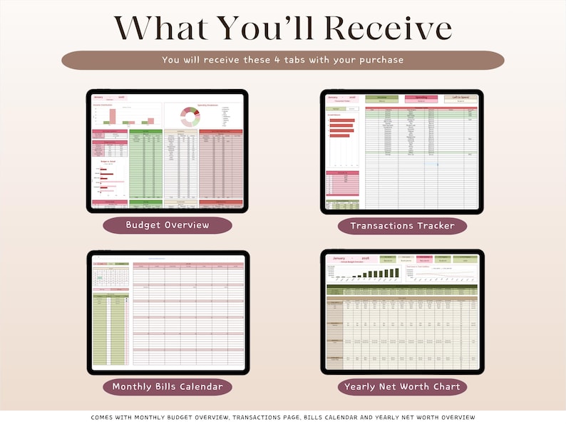 Puede incluir: La imagen muestra cuatro tabletas digitales que muestran hojas de c&aacute;lculo financieras. Las tabletas est&aacute;n etiquetadas como "Budget Overview", "Transactions Tracker", "Monthly Bills Calendar" y "Yearly Net Worth Chart". El texto en la parte superior dice "What You'll Receive".