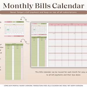 Puede incluir: Un calendario digital mensual de facturas con un esquema de color rosa y verde. El calendario incluye secciones para el seguimiento de facturas, fechas de vencimiento y pagos. El texto de la imagen dice "Calendario mensual de facturas" y "Nunca olvide un pago de factura y mant&eacute;ngase al tanto de todas las suscripciones."
