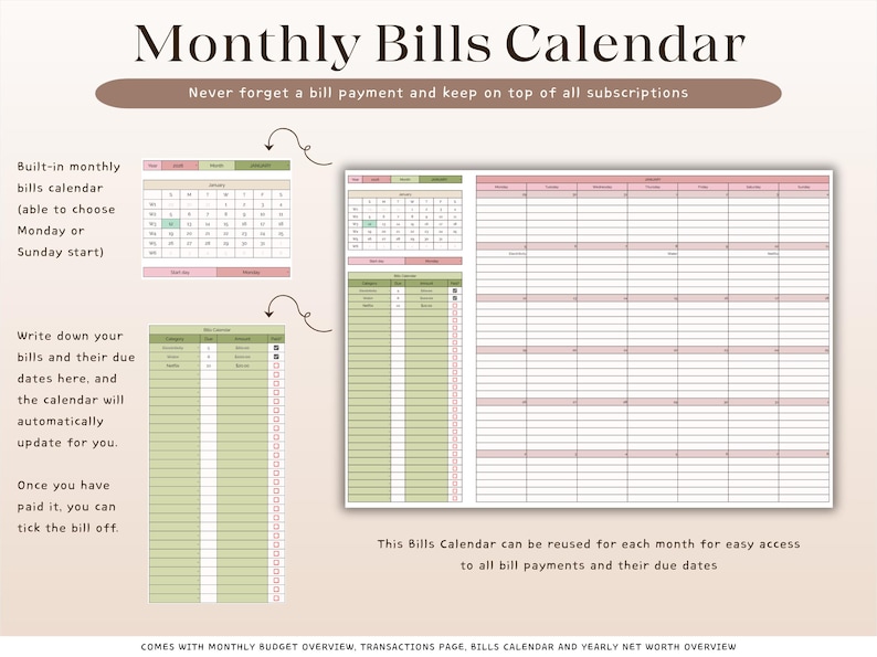Puede incluir: Un calendario digital mensual de facturas con un esquema de color rosa y verde. El calendario incluye secciones para el seguimiento de facturas, fechas de vencimiento y pagos. El texto de la imagen dice "Calendario mensual de facturas" y "Nunca olvide un pago de factura y mant&eacute;ngase al tanto de todas las suscripciones."