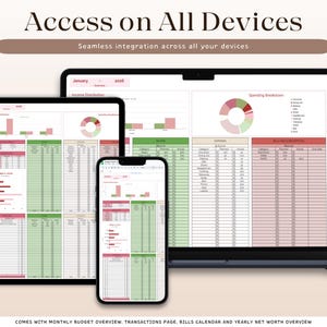 Puede incluir: Panel de control financiero digital que se muestra en una computadora port&aacute;til, una tableta y un tel&eacute;fono inteligente. Las pantallas muestran gr&aacute;ficos y tablas de datos con esquemas de color verde, rosa y blanco. El texto "Access on All Devices" y "Seamless integration across all your devices" est&aacute; en la parte superior.