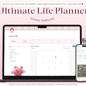 Puede incluir: Un ordenador portátil y un smartphone que muestran una interfaz de planificador digital. La pantalla del portátil muestra un calendario y un índice, mientras que el teléfono muestra una aplicación de estudio. El texto dice "Ultimate Life Planner" y "Notion Template."