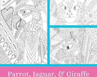 Parrot, Jaguar, and Giraffe Hand-drawn Coloring Page Bundle - Digital Download - Animal Adult Coloring Pages