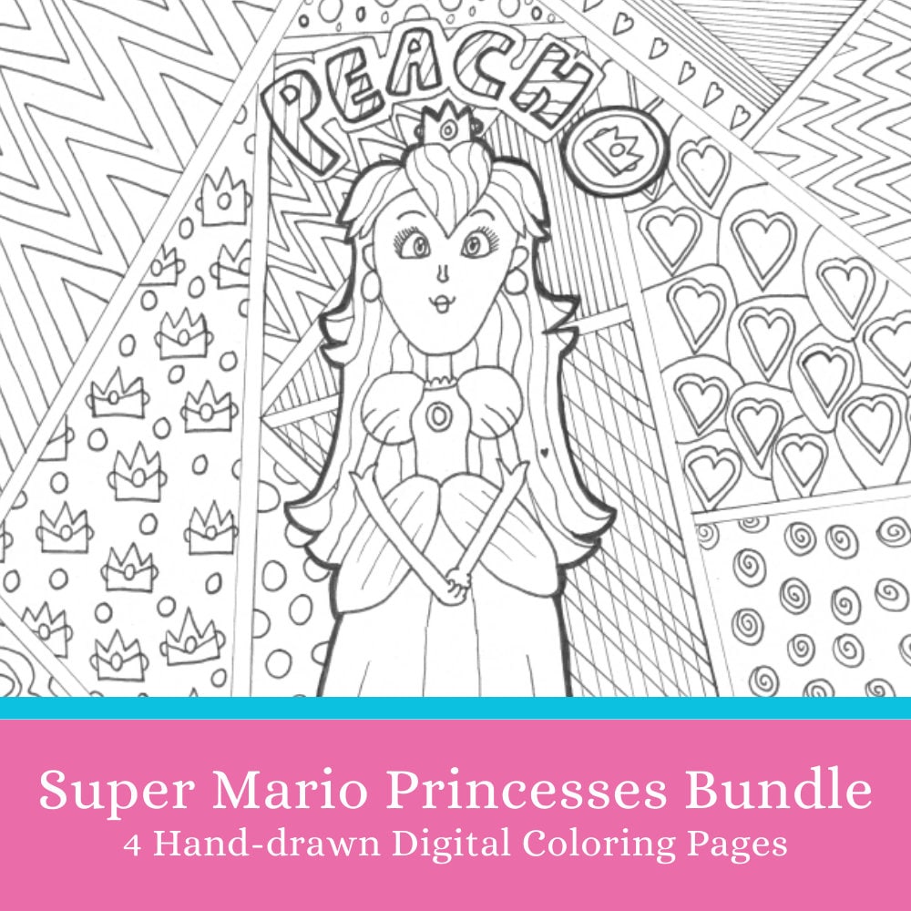 Super Mario Princesses Hand-drawn Coloring Page Bundle - Digital Download - Peach, Daisy, Rosalina, Pauline - 4 Coloring Pages