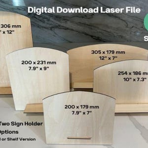 Puede incluir: Cinco soportes de madera clara para letreros con parte superior arqueada en varias dimensiones, incluyendo 200 x 306 mm, 200 x 231 mm, 305 x 179 mm, 254 x 186 mm y 200 x 179 mm. El texto incluye Digital Download Laser File y 5 Sizes.