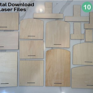 Könnte beinhalten: Zehn verschiedene Größen von unbehandelten Holzformen für Laser-Schneideprojekte. Die Formen umfassen Rechtecke, Quadrate und Bögen.  Digitaler Download Laserdateien.