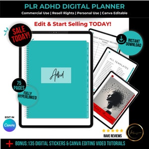 ADHD DIGITAL PLANNER - Resell Rights Digital Product, Plr Digital Planner Bundle, Personal Planner, Plr Ebook Digital Marketing, Plr Planner