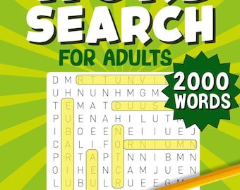 Peut inclure: Un livre de mots cachés pour adultes avec une couverture verte et blanche. Le titre "WORD SEARCH FOR ADULTS" est en grandes lettres blanches. La grille du puzzle est visible, avec le texte "2000 WORDS" et "LARGE PRINT". Un crayon jaune repose sur le puzzle.