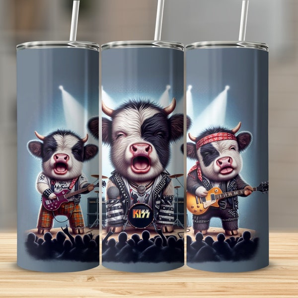 Kiss Band Inspired Highland Cow Tumbler, Rock and Roll Animal Design, Music Lover Gift, 20oz Tumbler