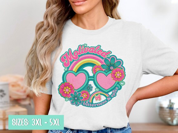 Motivated by Bitterness and Spite T-Shirt, Retro Groovy Design, Cute Heart Sunglasses Shirt, Colorful Floral Tee, Vintage Style Top
