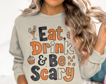 Eat Drink Be Scary Halloween T-Shirt | Retro Spooky Season Party Tee | Fun Fall Cocktail & Candy Corn Graphic Top Gift