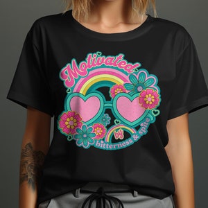 Motivated by Bitterness and Spite T-Shirt, Retro Groovy Design, Cute Heart Sunglasses Shirt, Colorful Floral Tee, Vintage Style Top image 7