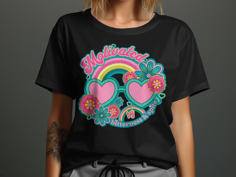 Motivated by Bitterness and Spite T-Shirt, Retro Groovy Design, Cute Heart Sunglasses Shirt, Colorful Floral Tee, Vintage Style Top image 7