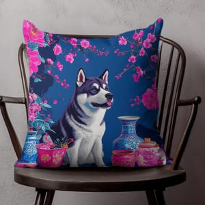 Akita Throw Pillow Colorful Dog Pillow, Brightly Colored Toile de Juoy Pattern Throw Pillow, Modern Pillow with Dog, Dog Breed Art Pillow