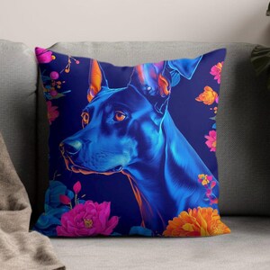Doberman Pinscher Throw Pillow Modern Brightly Colored Toile de Juoy Pattern Doberman Dog Breed Throw Pillow, Dog Lover, Unique Dog Gift