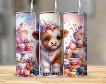 Trinkbecher mit Hochlandrind-Motiv, Dessert- und Gebäckthema