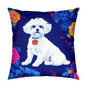 Maltese Throw Pillow Modern Brightly Colored Toile de Juoy Pattern Dog Breed Throw Pillow, Breed Pillow, Unique Dog Design Cushion