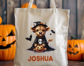 Personalisierte Süßes oder Saures Tasche, Benutzerdefinierte Halloween Tasche, Halloween Tote, Kinder Halloween Tasche mit Namen, Benutzerdefinierte Süßes oder Saures Tasche, Highland Kuh
