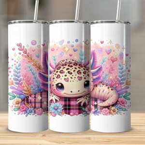 Whimsical Fantasy Axolotl Tumbler, Cute Axolotl Art Cup, Floral Pink Blue Drinkware, Unique Gift, Artist Designed Travel Mug