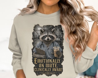 Emotionally on Mute Clinically Aware Raccoon Nurse T-Shirt | Distressed Healthcare Worker Humor Tee | Medical Staff Gift Funny RN Shirt