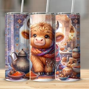 May include: A colorful illustration of a Highland cow wearing a scarf in a kitchen setting. The cow is brown and white with a fluffy coat. The kitchen is decorated with Moroccan-style tiles and features a teapot, spices, and other kitchen items.