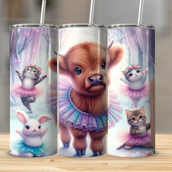 Ballerina Highland Cow Tumbler, Cute Animal Ballet Dance Cup, Pink Floral Kids Drinkware, Unique Gift Item