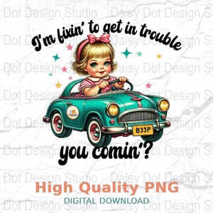 Vintage Car and Cute Girl Digital Download, High Quality PNG, Retro Clipart, Child in Classic Automobile Graphic for Crafts and Shirts
