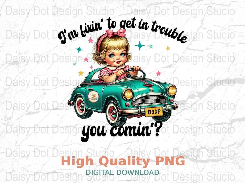Vintage Car and Cute Girl Digital Download, High Quality PNG, Retro Clipart, Child in Classic Automobile Graphic for Crafts and Shirts