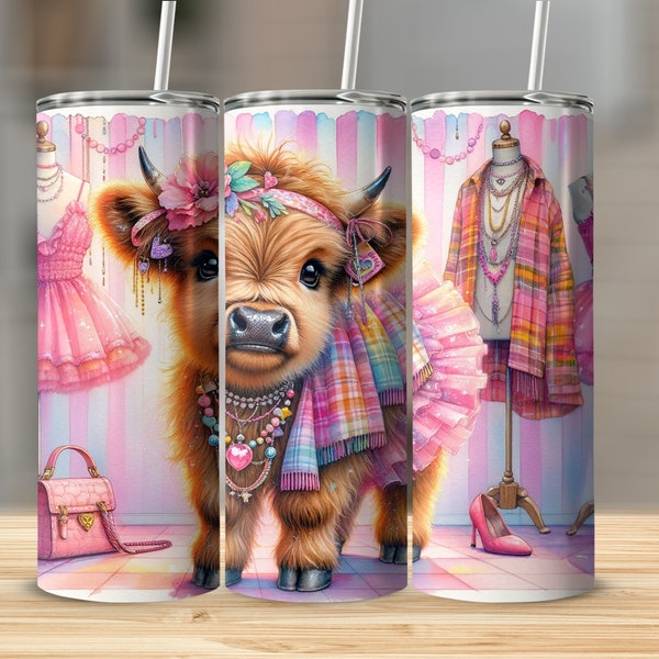 Highland Cow Tumbler, Floral Headdress, Fashion Accessories Theme, Cute Animal Mug