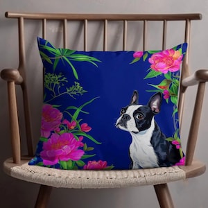 Boston Terrier Throw Pillow Modern Brightly Colored Throw Pillow for Dog Lovers, Toile de Juoy Pattern, Decorative Pillow for Living Room