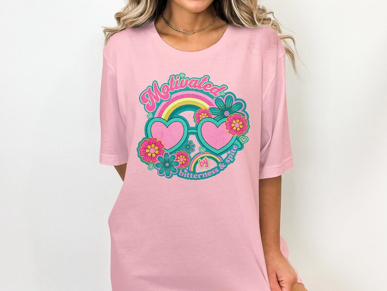 Motivated by Bitterness and Spite T-Shirt, Retro Groovy Design, Cute Heart Sunglasses Shirt, Colorful Floral Tee, Vintage Style Top image 10