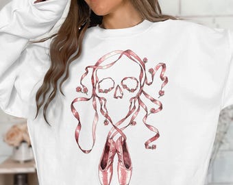 Ballet Skull T-Shirt, Delicate Pointe Shoes & Ribbon Rose Skull Tee, Coquette Aesthetic Dark Academia Gothic Ballerina Gift
