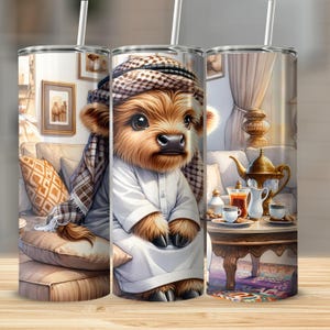 May include: A brown and white Highland cow wearing a white robe and a brown and white patterned headscarf sits on a couch in a room with a gold and brown patterned rug. The cow is looking at the viewer. There is a table with a teapot, cups, and saucers in the background.
