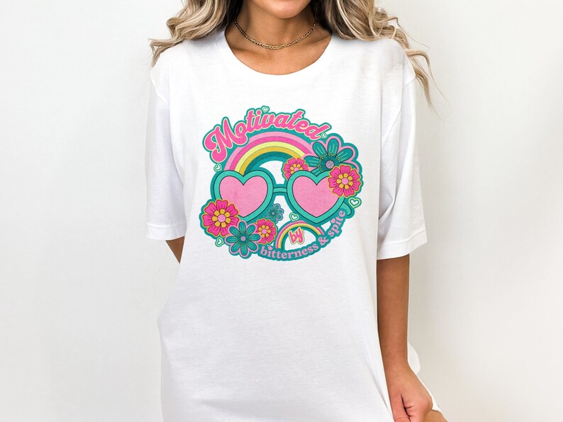 Motivated by Bitterness and Spite T-Shirt, Retro Groovy Design, Cute Heart Sunglasses Shirt, Colorful Floral Tee, Vintage Style Top image 9