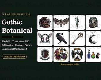 Gothic Botanical PNG Bundle, Dark Academia Witchy Sublimation Design (Digital Download)