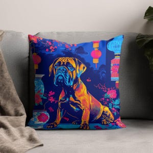 Bull Mastiff Modern Brightly Colored Toile de Jouy Dog Breed Pattern Throw Pillow, Unique Decorative Home Accent, Bright Dog Print Pillow