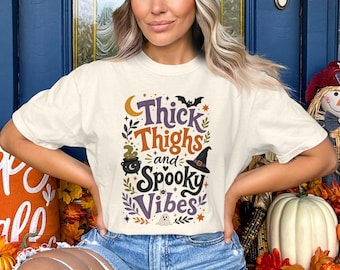Thick Thighs Spooky Vibes Halloween T-Shirt, Witchy Fall Moon Bat Shirt, Funny Ghost Cottagecore Spooky Season Gift for Her