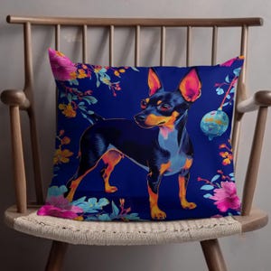 Miniature Pinscher Throw Pillow Modern Bright Toile de Juoy Pattern Dog Throw Pillow, Unique Home Decor, Dog Lover Gift, Vibrant Art