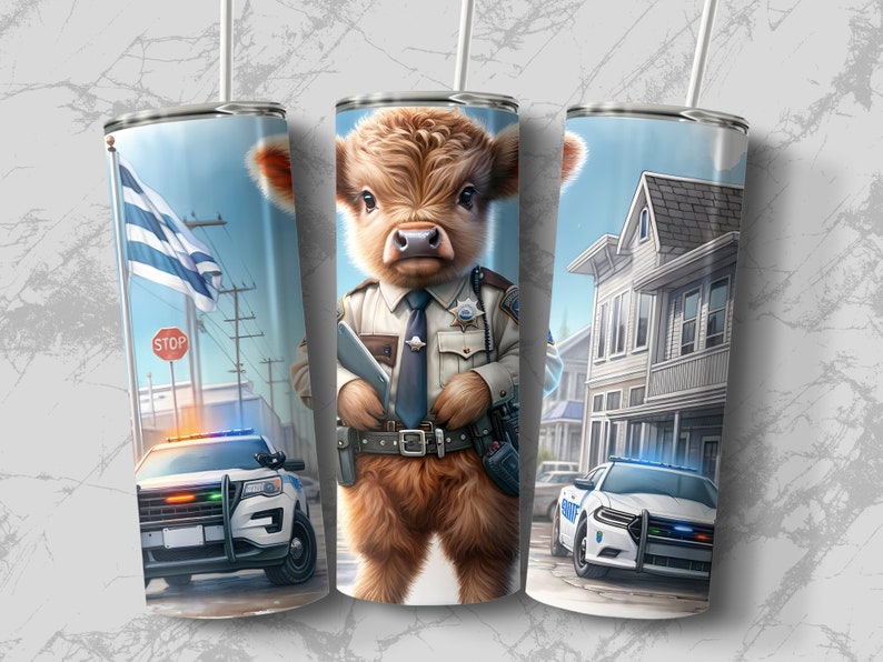 Cop Cow Highland Cow Police Officer Tumbler, Cute Animal Cop Drinkware, Unique ...