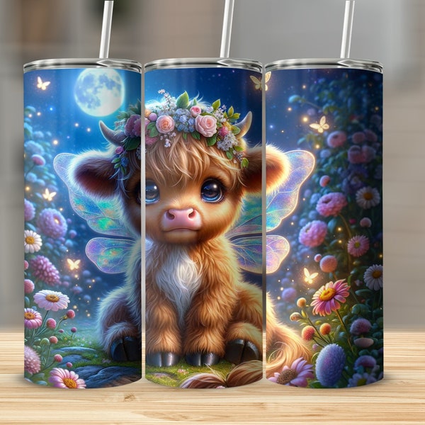 Highland Cow Tumbler, Cute Floral Cow with Wings, Moonlit Night, Fantasy Animal, Unique Gift Idea, Whimsical Drinkware