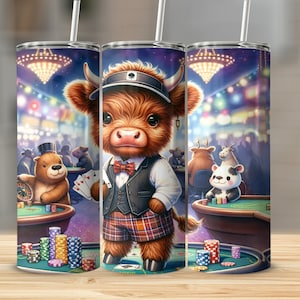 Highland Cow Tumbler, Cute Casino Themed Drinkware, Poker Night Beverage Holder, Fun Gambling Illustration, Unique Gift for Casino Lovers