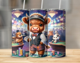 Gobelet vache Highland, verres mignons sur le thème du casino, porte-boisson de soirée poker, illustration amusante de jeu, cadeau unique pour les amateurs de casino
