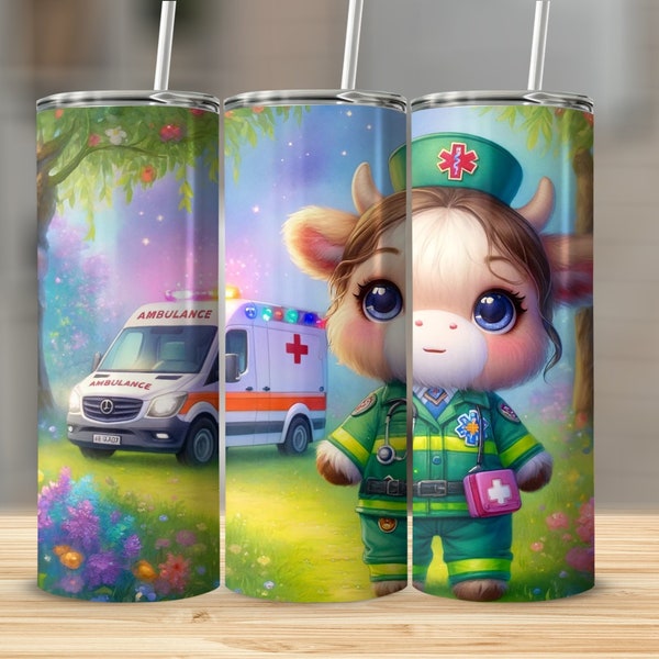 Highland Cow Paramedic Cartoon Tumbler, Cute Animal Nurse Travel Mug, Unique Medical Gift, Colorful Ambulance Scene